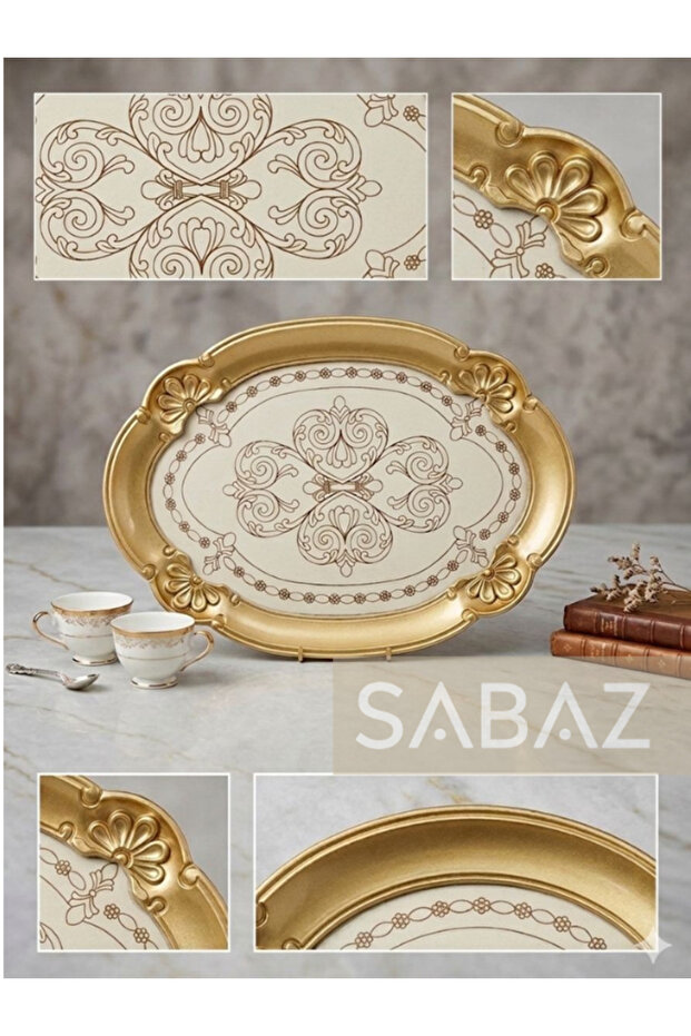 2 Pieces of Luxurious White and Gold Gilded Decorative Tray - Classic Patterned Coffee Presentation Tray (30 X 22)