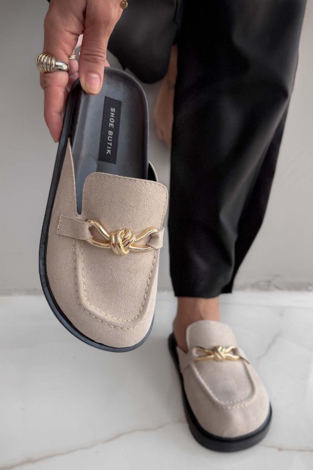 Estela Beige Suede Buckle Detail Barrel Toe Women's Slippers