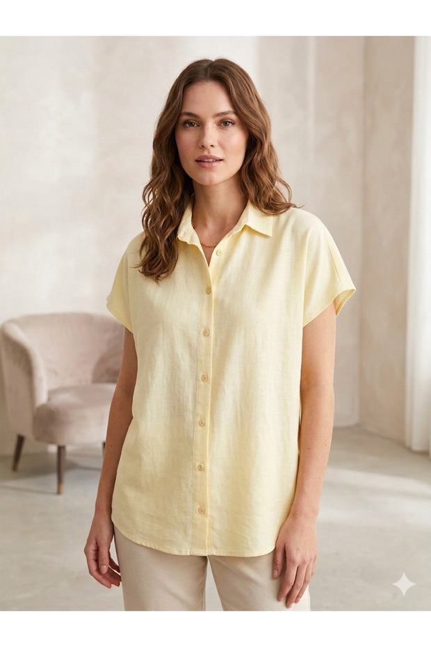 Light Yellow Linen Short Sleeve Shirt – Linen Fabric, Relaxed Fit Casual Stylish Blouse