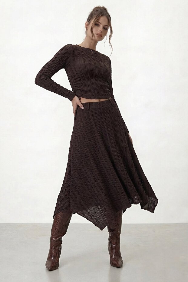 High Neck Long Sleeve Crop Blouse and Asymmetrical Midi Skirt Set