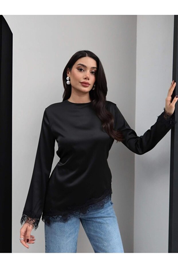 Women's Lace Detailed Back Tie Satin Blouse
