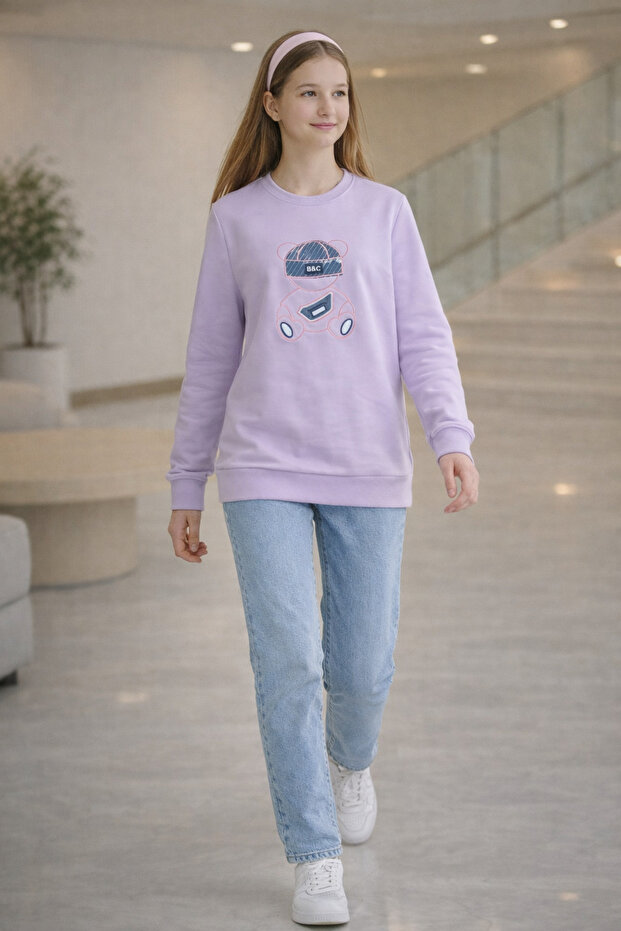 23703-26 Girl's Teddy Bear Printed Sweatshirt Comfortable Fit for Daily Use