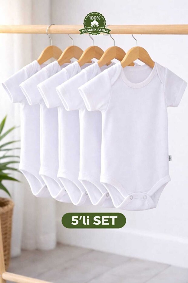 Pack of 5 100% Cotton Short Sleeve Unisex Snap Fastener Bodysuits