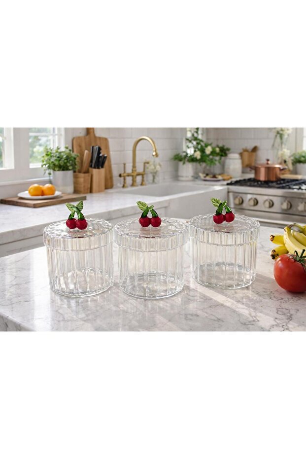 Set of 3 Borosilicate Glass Multi-Purpose Optical Striped Jars with Cherry Detail 400 ml