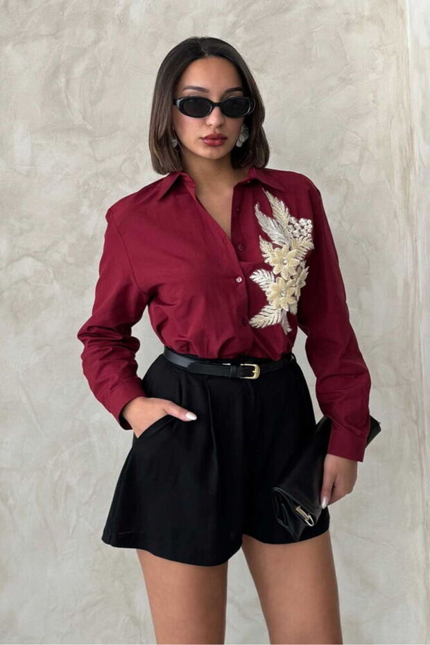 Floral Detailed Shirt - Burgundy