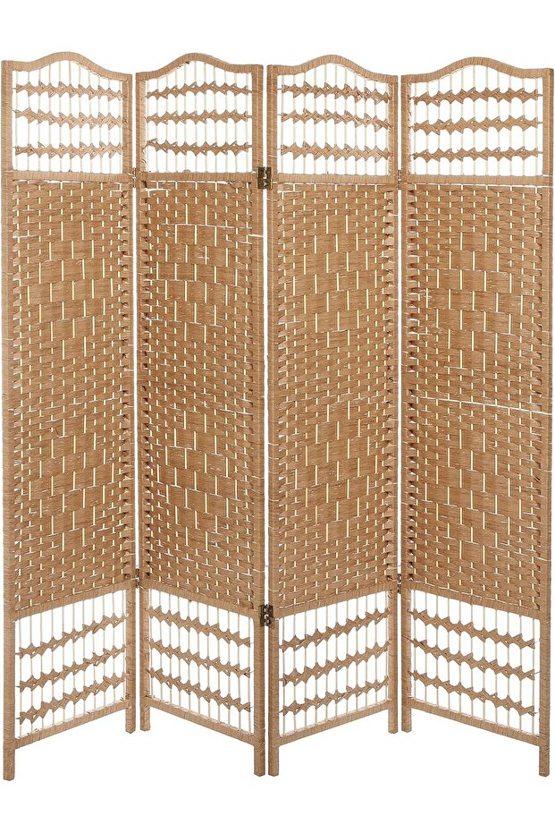 4 Panel Beige Wood Woven Design Decorative Partition Folding Screen/Privacy Room Divider -