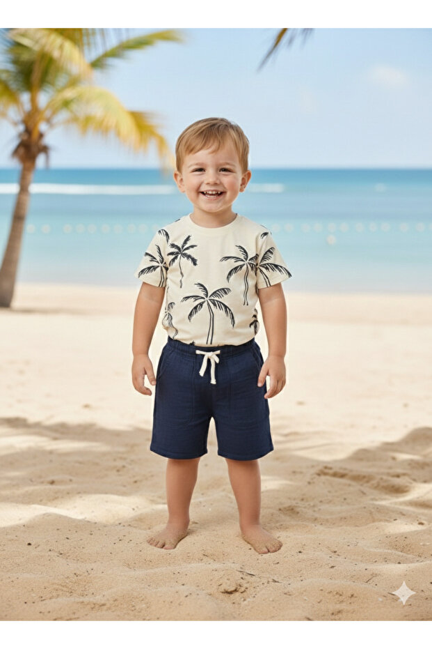 3-9 Years Old Boy's Palm Tree Patterned T-Shirt Muslin Shorts Set-5/6 Y