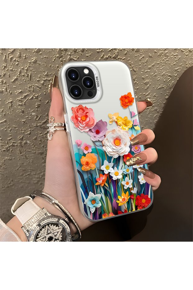 iPhone 13 Pro Max Compatible Silicone Edge Hard Back Anti-Fall Phone Case Flower Pattern