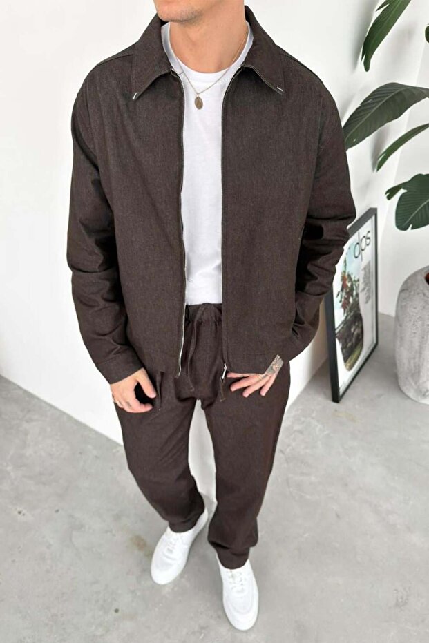 Brown Zippered Textured Relaxed Fit Boxy Jacket