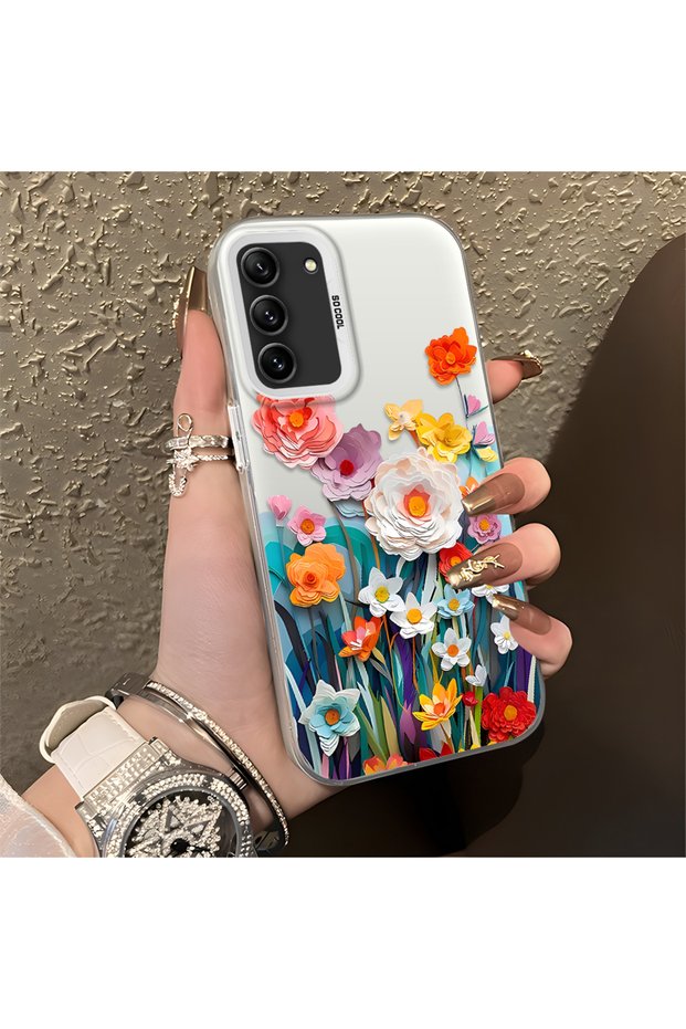 Samsung Galaxy S21 Fe Compatible Silicone Edge Hard Back Anti-Fall Phone Case Flower Pattern