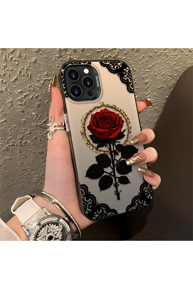 iPhone 14 Pro Max Compatible Silicone Edge Hard Back Anti-Fall Phone Case Rose Pattern