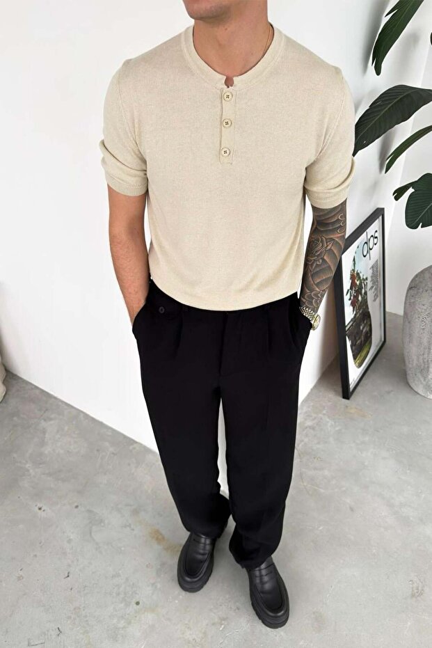 Beige Buttoned Collar Relaxed Knitwear T-Shirt