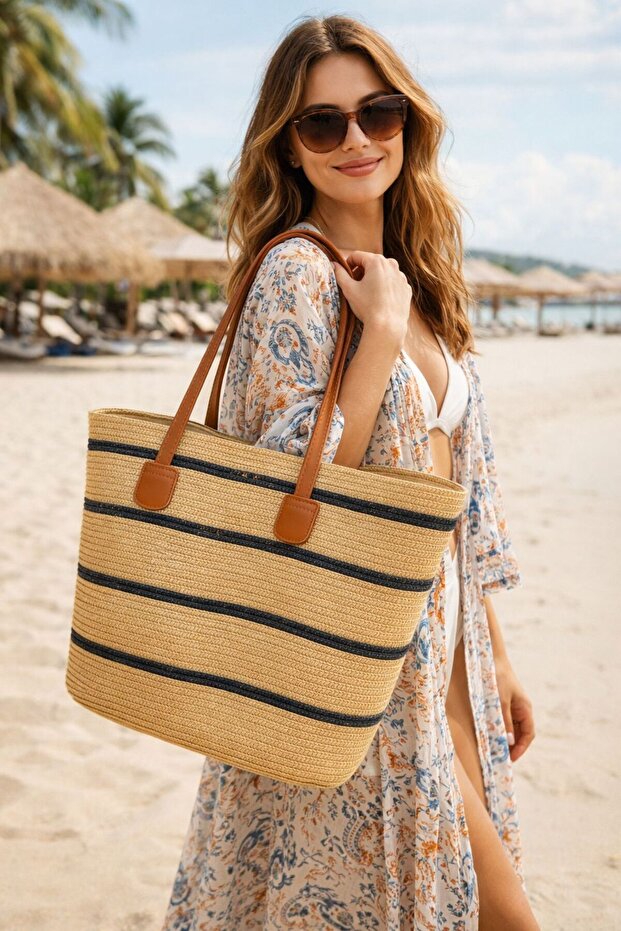 Camel Leather Handle Straw Women's Bag with Stripe Detail
