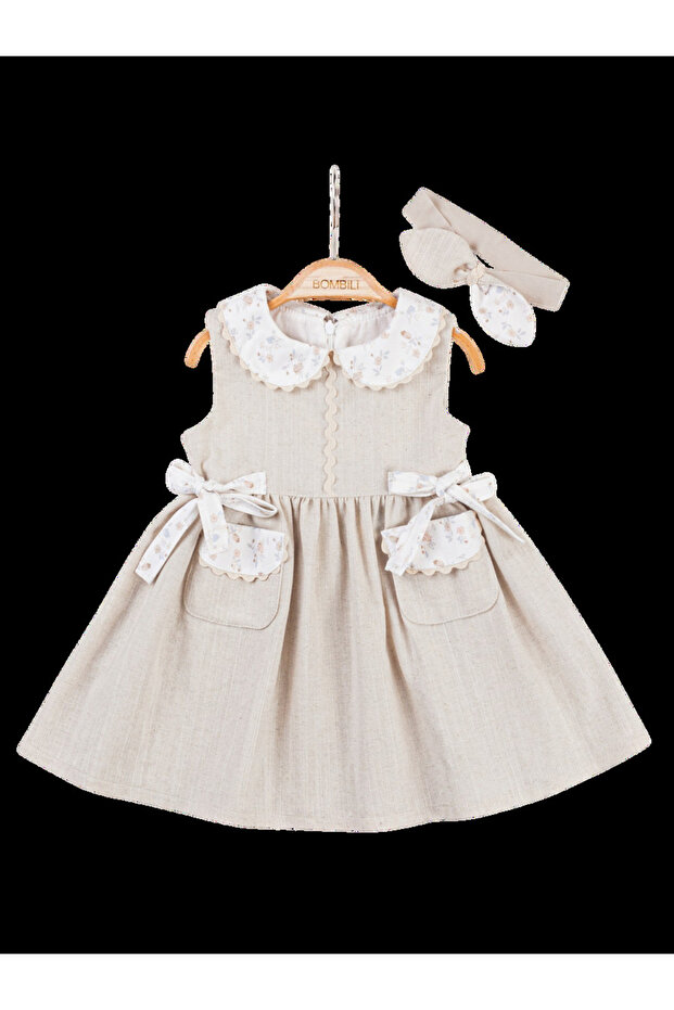 Beige Bow Baby Dress with Headband