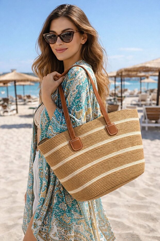 Camel Leather Handle Straw Women's Bag with Stripe Detail