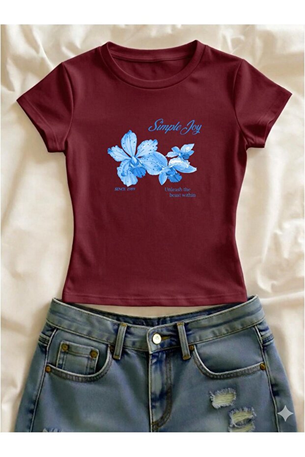 Simple Joy Floral Printed Lycra Slim Fit Short Sleeve Crew Neck Tee Crop
