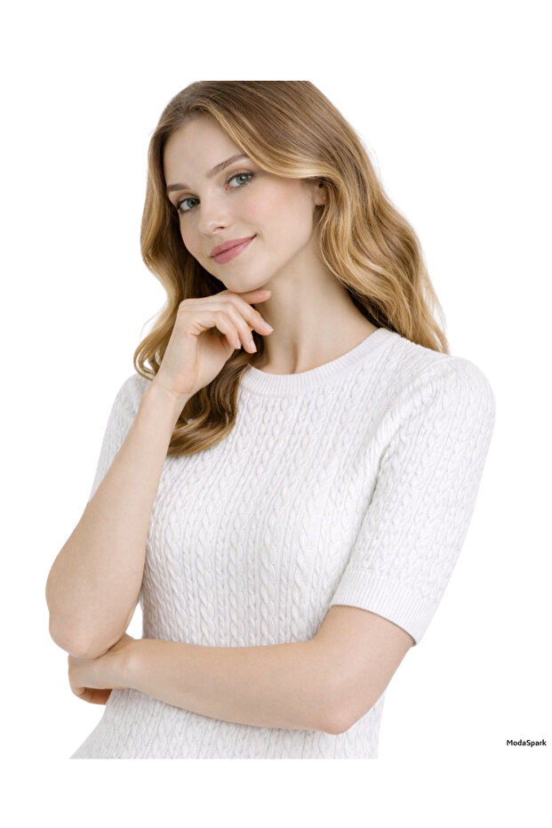 White Short Sleeve Crew Neck Slim Fit Women's Sweatshirt