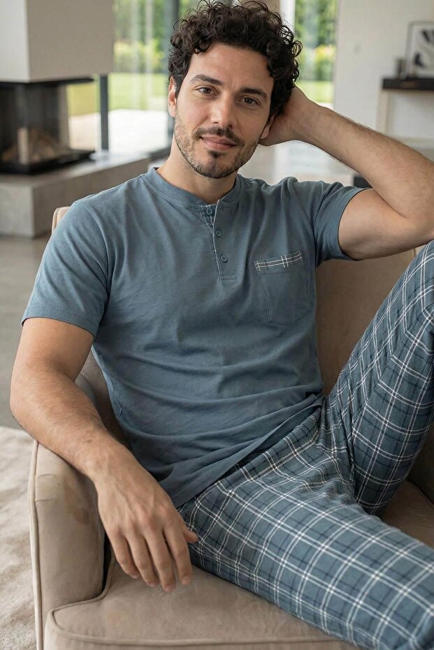 Pijamaevi Slate Plaid Kısa Kollu Cep Detaylı Elegant Erkek Pijama Takımı
