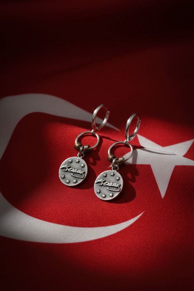 Ataturk Signed Star Detailed Silver Color Earrings