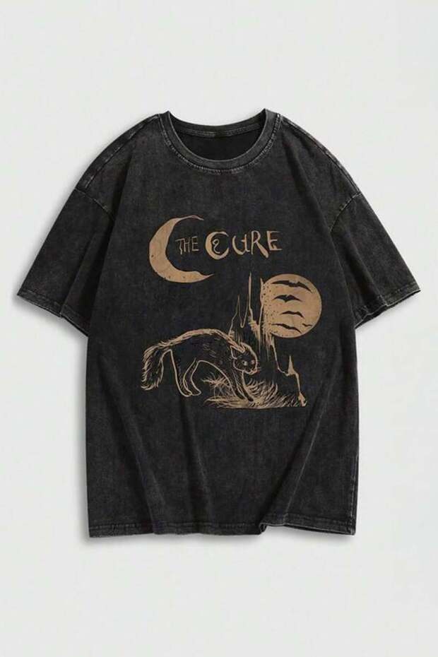 The Cure Cat Y2K Washed Black Short Sleeve Unisex T-Shirt