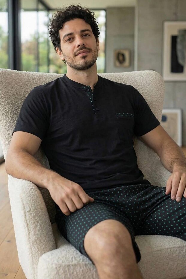 Midnight Black Elegant Men's Pajama Set with Patch Detail on Shorts