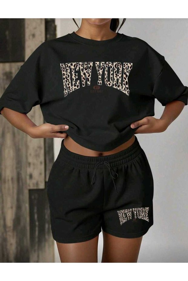 New York Printed Oversize Top-Bottom Set Black Bartik Shorts T-Shirt