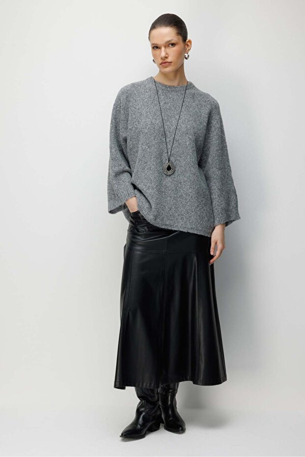 7020 Women's Bat Sleeve Crew Neck Knitwear Sweater Anthracite