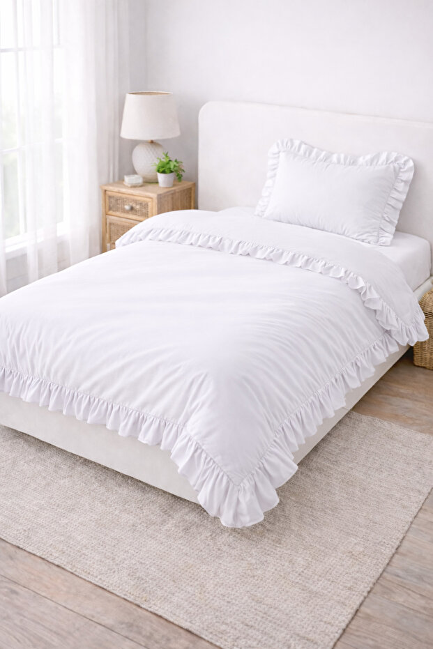 Ruffled Bedding Set Single Size Cotton Fabric Stylish Bedroom Set with Fitted Sheet
