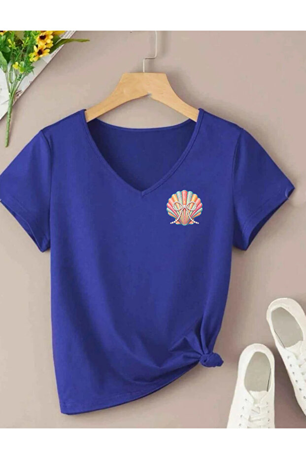 Pearl Sea Shell Printed V-Neck Regular Short Sleeve Women's Summer Combed Cotton Tshirt