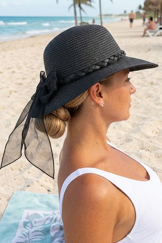 Women's Straw Hat with Ribbon Detail Wide Brim Summer Beach Sun Hat Stylish Design