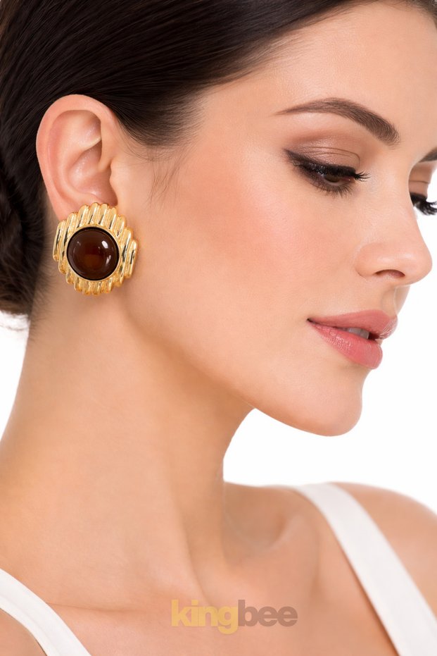 Marakeş Seri̇ Women's Gold Vintage Style Brown Resin Stone Geometric Design Earrings