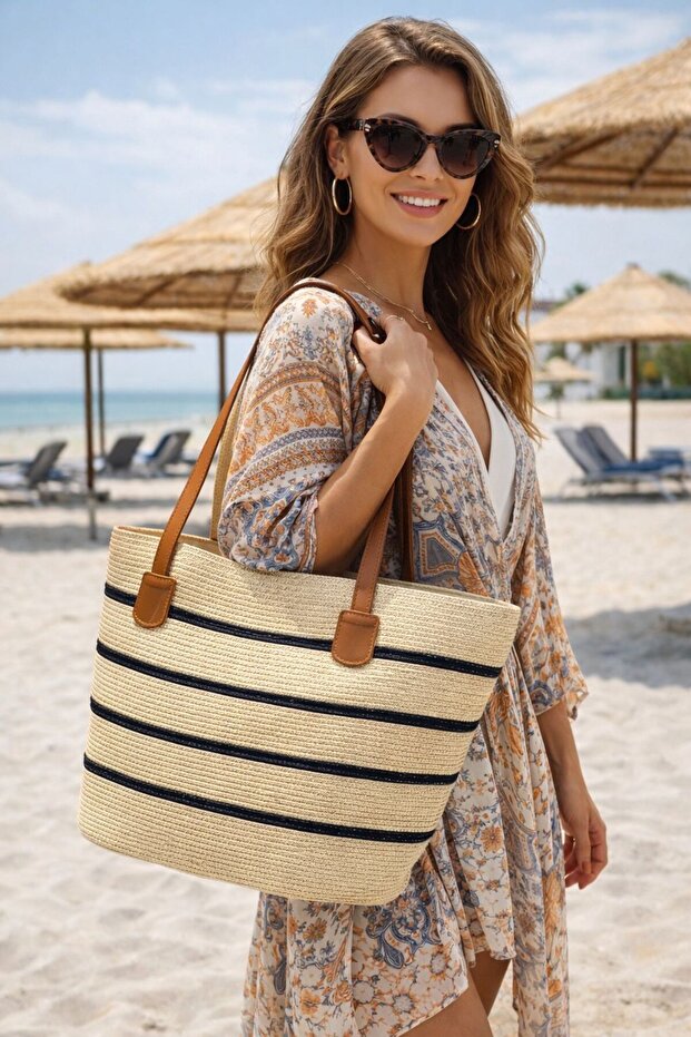 Beige Leather Handle Straw Women's Bag with Line Detail