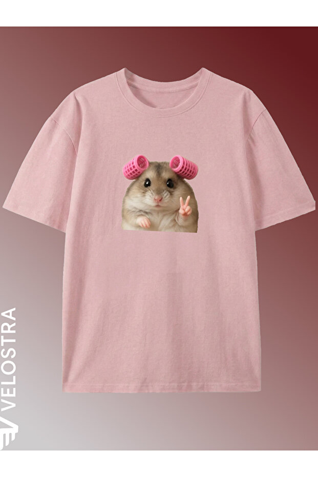 Women's Hamster Pose Printed Oversize Comfortable Daily Use Combed Cotton T-Shirt