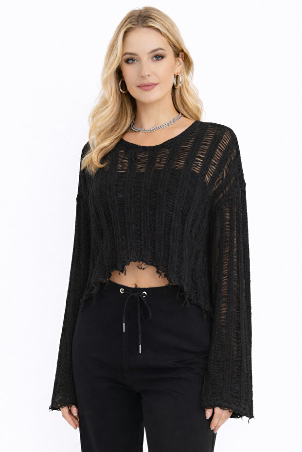 Black Openwork Tasseled Cotton Knitwear Women's Blouse