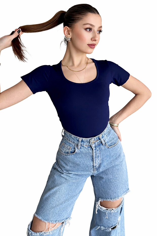 Women's Navy Blue Basic T-Shirt Slim Fit Crew Neck Short Sleeve Top