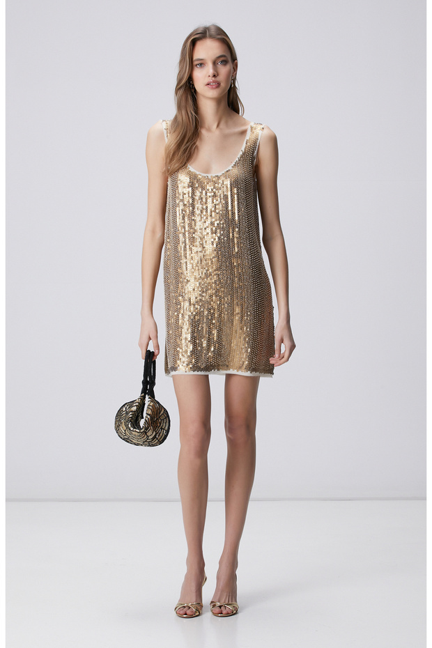 Gold Payetli Abiye Elbise - 1