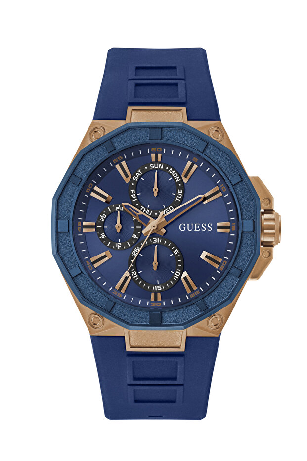 Mens Blue Rose Gold Tone Multi-function Watch
