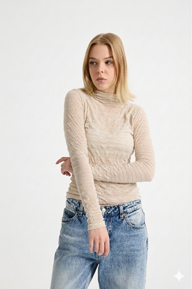 Women's Sheer Tulle Blouse – High Neck Long Sleeve Transparent Top