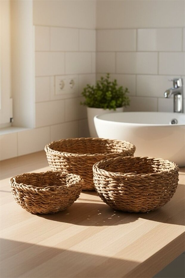 3-Piece Round Wicker Basket Set 9058 - Natural Wicker Fruit Bowl Flower Pot Decorative Basket Set