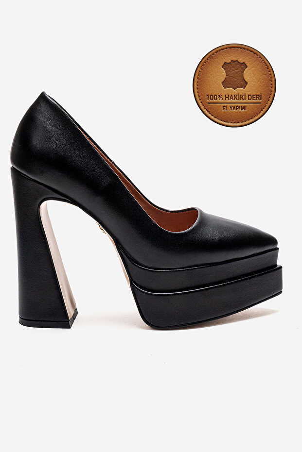 Genuine Leather Black Leather Double Platform Special Design High Heeled Women's Shoes Rigelde