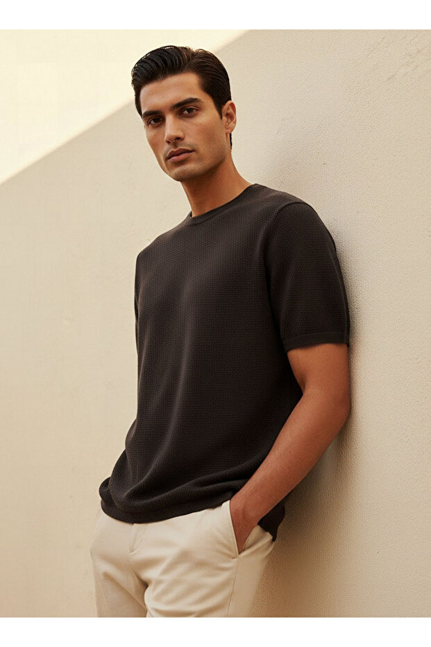 Men Regular Fit Crew Neck Short Sleeves Popcorn Textured T-shirt
