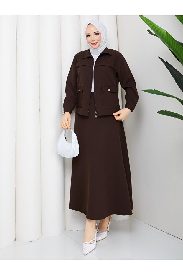 Alina Zippered Suit with Stone Buttons and Skirt