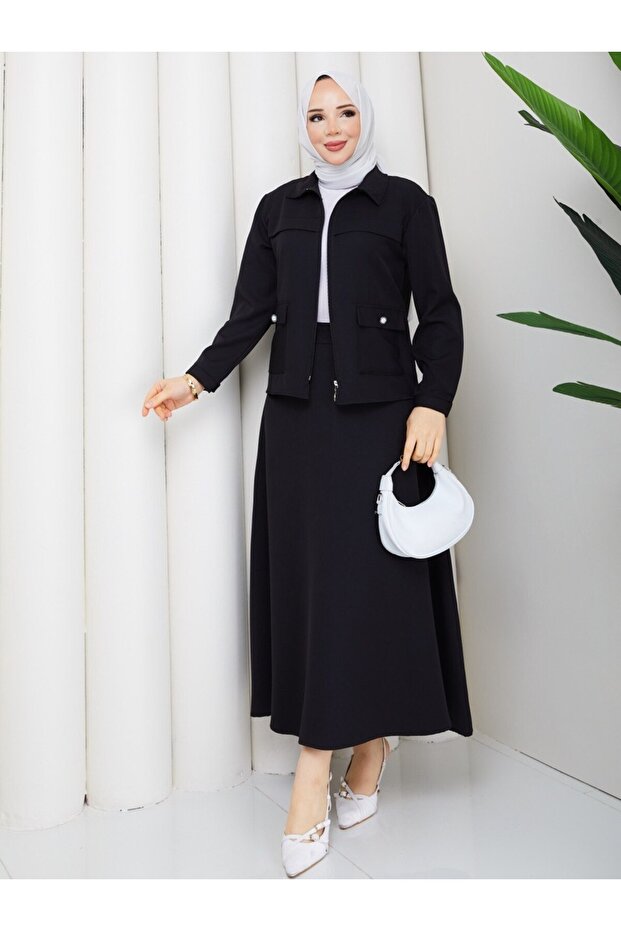 Alina Zippered Suit with Stone Buttons and Skirt