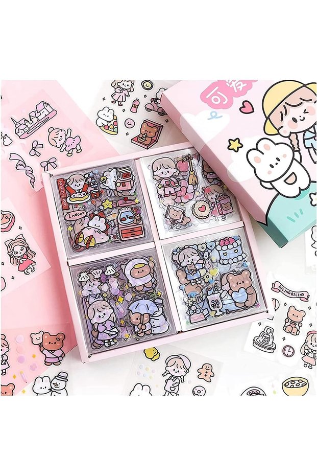 100 Sheets Cute PET Transparent Stickers Set,Cartoon Character and Animal Decorative Decals for Scrapbooking,DIY Arts,Planners and Notebooks