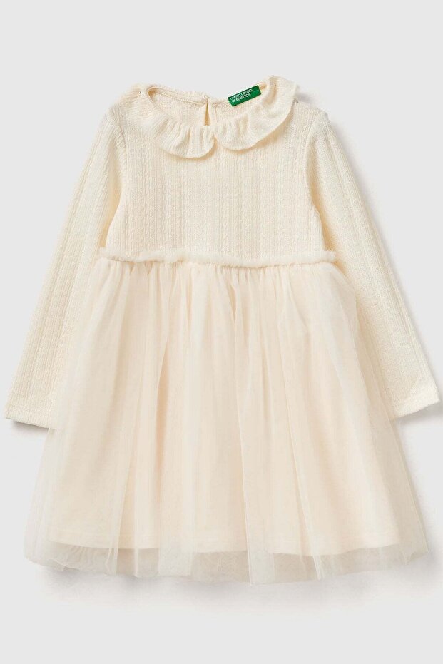 Ecru Ruffle Detailed Collar Lined Tulle Skirted Long Sleeve Dress Model Code: 4Jacgv02J0R2