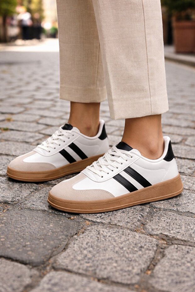 Women's Everyday Sneakers – Black Double Stripe, Tan Sole, Comfortable and Stylish Design