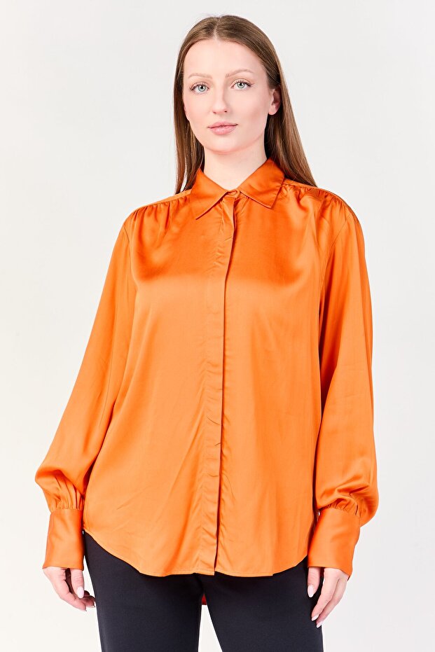 Women Spread Collar Long Sleeve Plain Shirt, Orange