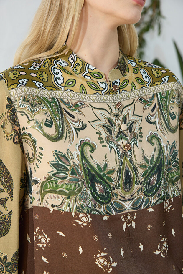 Khaki Brit Detailed Patterned Blouse - 6