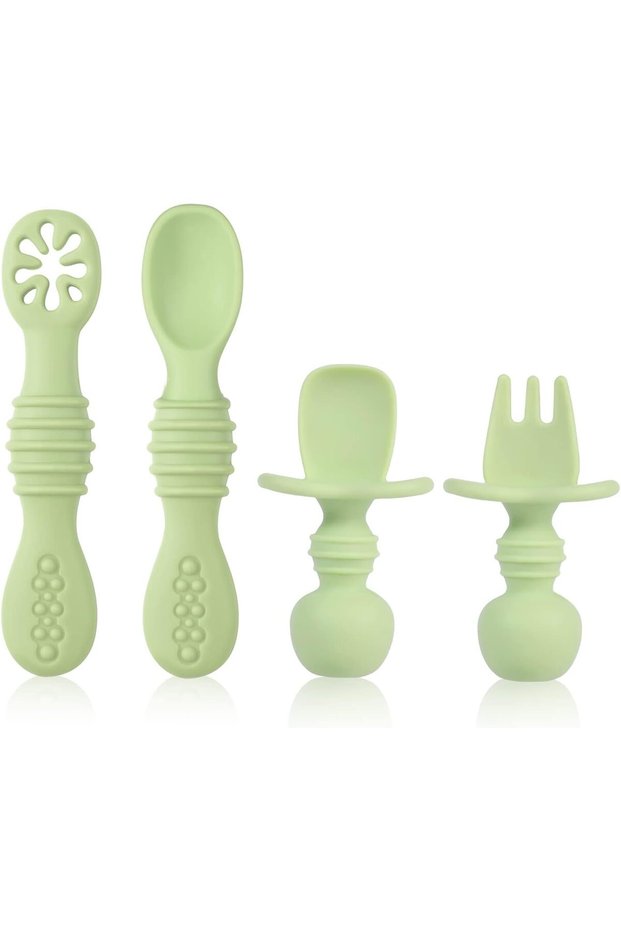 4-Piece Silicone Baby Training Spoon Set,BPA-Free Self Feeding Utensils for 6-12 Months,Matcha Green