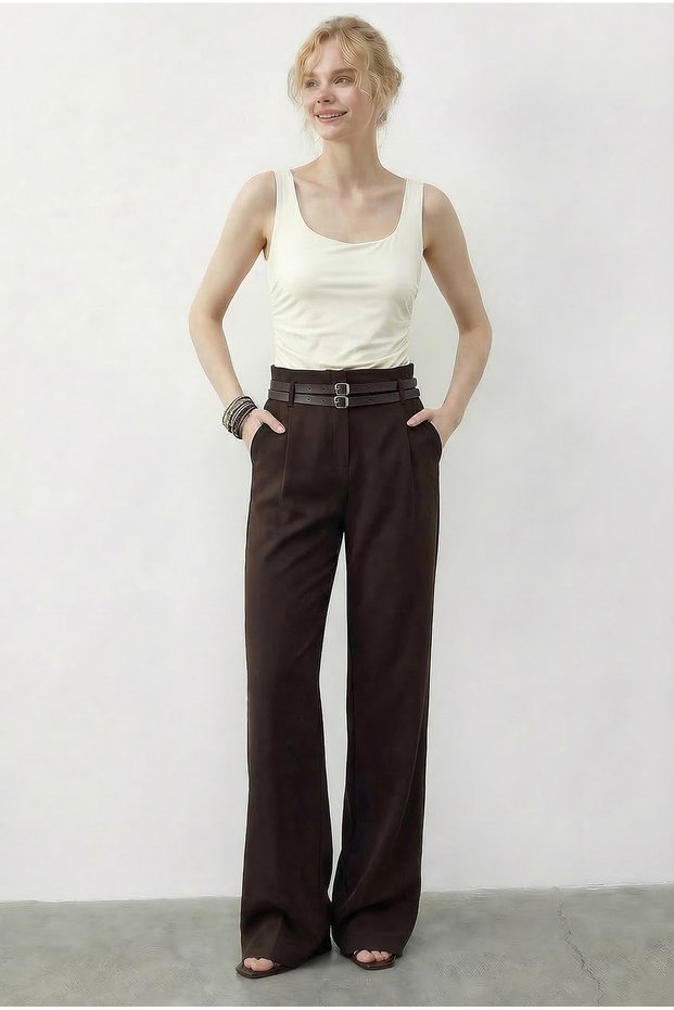 Women's Bitter Brown Double Belt Detailed Pocketed High Waist Palazzo Trousers 347 60286046